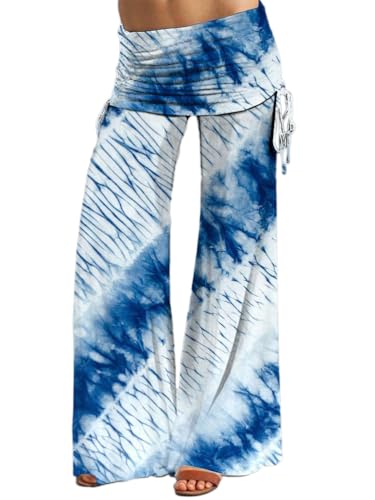 ticticlily Sommerhose Damen Lang Leicht Luftig Casual Elegant Hosenrock Hohe Taille Gummibund Gerades Bein Flared Yoga Pilates Hose mit Kordelzug Strandhose A1 XL von ticticlily