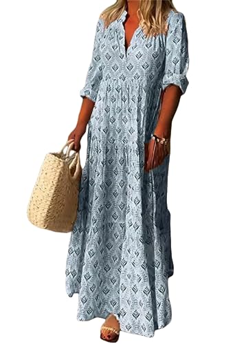 ticticlily Sommerkleid Damen Kleid Lang Sommer Elegant Langarm mit V-Ausschnitt Strandkleider Boho Blumendruck Lose Maxi Swing Kleider Freizeitkleid Rüschenkleid Partykleider G Blau L von ticticlily