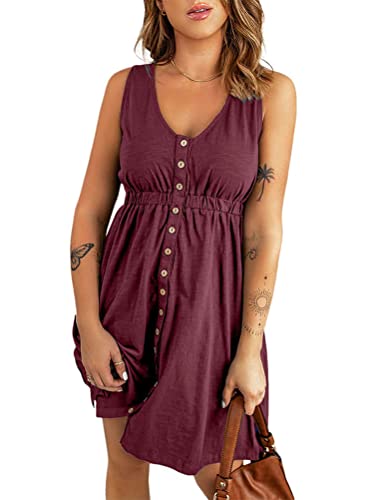 ticticlily Sommerkleid Damen Kurz Ärmelloses Minikleid Mit Hohem Bund Strandkleid V Ausschnitt Leichte Freizeitkleid Multiple Colors A Weinrot XL von ticticlily