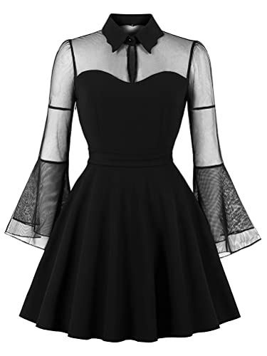 ticticlily Sommerkleid Damen Kurz Knielang Elegant Langarm/Kurzarm mit Bogen Mesh Minikleid Rüschenkleid Party Cocktail Vintage A-Line Abendkleid Festlich Hochzeit A Schwarz 3XL von ticticlily