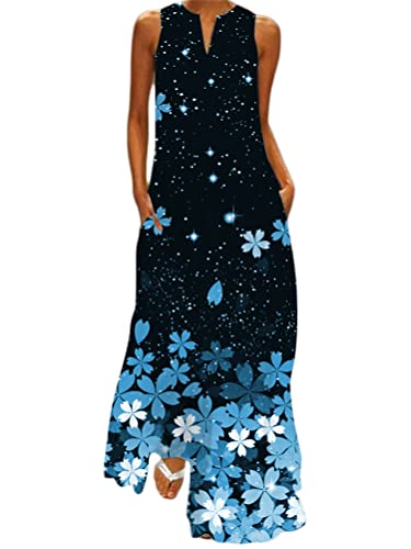 ticticlily Sommerkleid Damen Lang Maxikleid Große Größen Casual Elegant Blumenkleid Ärmellos V-Ausschnitts Partykleid Casual Strandkleid Jumpsuitkleider für Damen Blau L von ticticlily