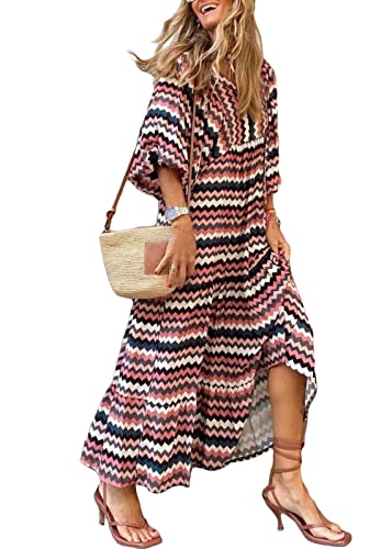 ticticlily Sommerkleid Damen Lang Maxikleider Strandkleid Boho Blumenmuster Sommer Elegant Langarm V-Ausschnitt Lose Swing Kleider Freizeitkleider Mode Langarm Kleider Große Größen A Mehrfarbig XXL von ticticlily