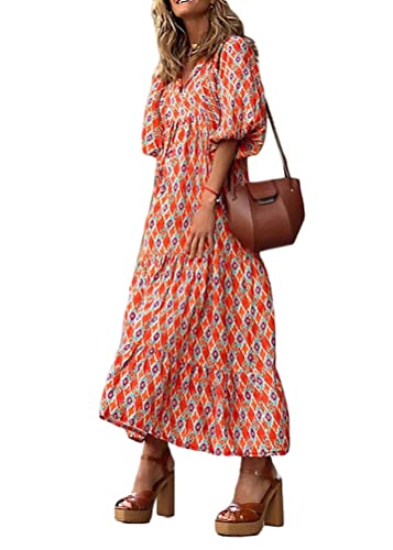 ticticlily Sommerkleid Damen Lang Maxikleider Strandkleid Boho Blumenmuster Sommer Elegant Langarm V-Ausschnitt Lose Swing Kleider Freizeitkleider Mode Langarm Kleider Große Größen C Orange L von ticticlily