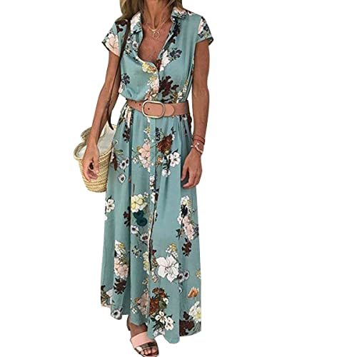 ticticlily Sommerkleid Damen Lang Maxikleider Strandkleid Boho Blumenmuster Sommer Elegant Langarm V-Ausschnitt Lose Swing Kleider Freizeitkleider Mode Langarm Kleider Große Größen D Grün M von ticticlily