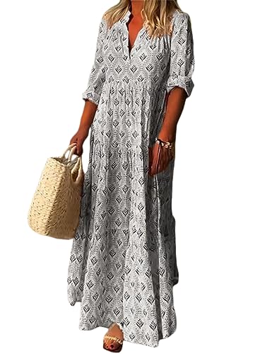 ticticlily Sommerkleid Damen Lang Maxikleider Strandkleid Boho Blumenmuster Sommer Elegant Langarm V-Ausschnitt Lose Swing Kleider Freizeitkleider Mode Langarm Kleider Große Größen G Grau L von ticticlily