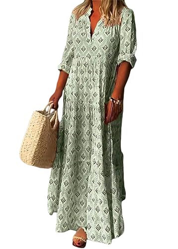 ticticlily Sommerkleid Damen Lang Maxikleider Strandkleid Boho Blumenmuster Sommer Elegant Langarm V-Ausschnitt Lose Swing Kleider Freizeitkleider Mode Langarm Kleider Große Größen G Grün XL von ticticlily