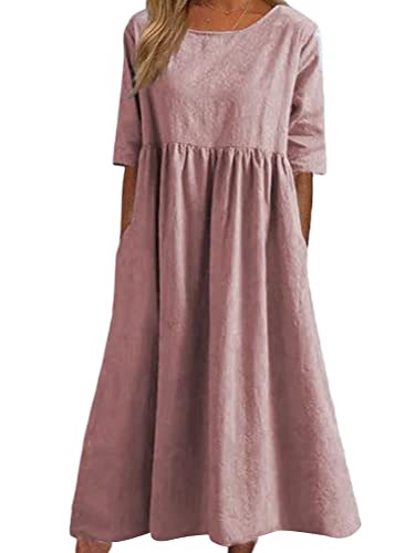 ticticlily Sommerkleid Damen Lang Midi Casual Lose Freizeitkleid Strandkleid Kurzarm Rundhals Leinen Baumwolle Kleid Tuniken T-Shirt Kleider B Rosa M von ticticlily