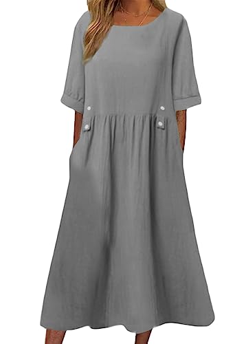 ticticlily Sommerkleid Damen Lang Midi Casual Lose Freizeitkleid Strandkleid Kurzarm Rundhals Leinen Baumwolle Kleid Tuniken T-Shirt Kleider D Grau 3XL von ticticlily