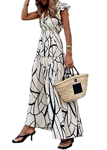 ticticlily Sommerkleid Kleider Damen Sommer Lange Elegant Sexy Boho Ärmellos V-Ausschnitts Sommerkleider Rüschen Musterdrucken Casual Lose Swing Maxikeid Strandkleid F2 Weiß S von ticticlily