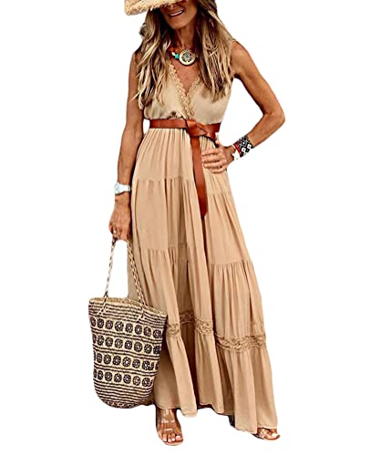 ticticlily Sommerkleid Sexy Kleid Damen Elegant Strandkleider Kurzarm/Ärmellos Partykleider Blumenkleid Maxi Swing Lose Hochzeits Festliche Kleider für Damen Sommer Abendkleid Lang A Khaki XXL von ticticlily