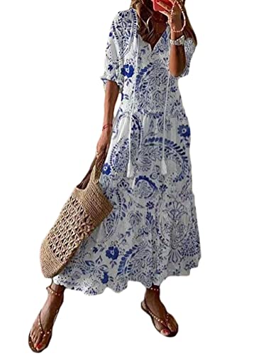 ticticlily Sommerkleid Sexy Kleid Damen Elegant Strandkleider Kurzarm/Ärmellos Partykleider Blumenkleid Maxi Swing Lose Hochzeits Festliche Kleider für Damen Sommer Freizeitkleid Lange D Blau M von ticticlily