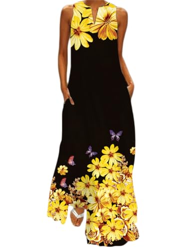 ticticlily Sommerkleider Damen Lang Maxikleid Casual Strandkleider Ärmellos V-Ausschnitts Blumenkleid Freizeitkleider Lose Swing Kleid mit Taschen Frühling Sommer Gelb 5XL von ticticlily