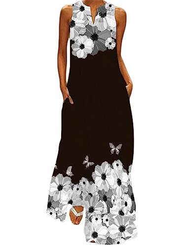 ticticlily Sommerkleider Damen Lang Maxikleid Casual Strandkleider Ärmellos V-Ausschnitts Blumenkleid Freizeitkleider Lose Swing Kleid mit Taschen Frühling Sommer Schwarz A 5XL von ticticlily