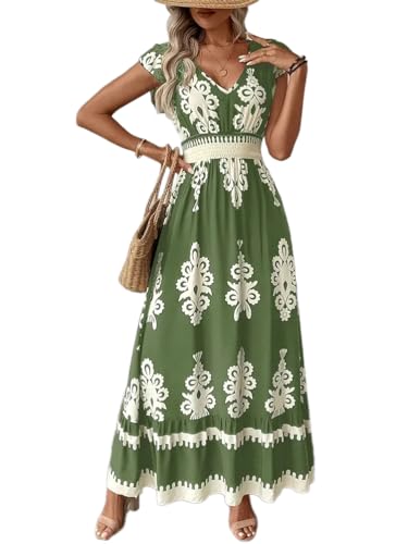 ticticlily Sommerkleider Damen Leicht und Luftig Lang Elegant Maxikleider Strandkleider Boho Musterdrucken Kurzarm V-Ausschnitt Elastizität Hohe Taille Swing Kleider A Grün XXL von ticticlily