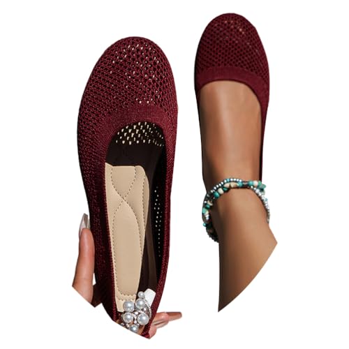 ticticlily Sommerschuhe Damen Ballerinas Slip On rutschfest Flach Stricken Bequem Elegant Runde Zehe Sportlich Tanzschuhe B Weinrot 39 EU von ticticlily