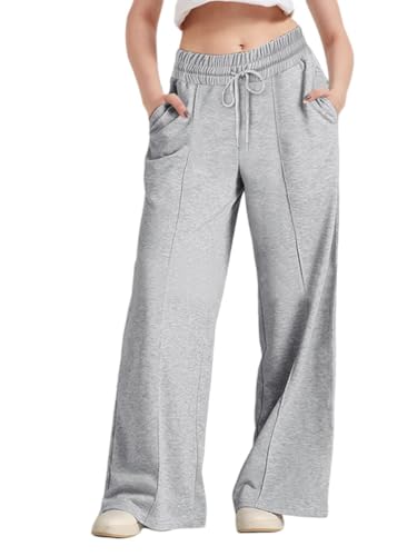 ticticlily Sport Jogginghose Damen Lang Baggy Sporthose Weite Bein Trainingshose Freizeithose Fluide Wide Leg Elastizität Hohe Taille mit Kordelzug Sweathose Sweatpants A Hellgrau XS von ticticlily