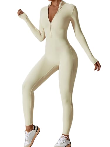 ticticlily Sport Jumpsuit Damen Lang Eng Fleece Gefüttert Sportanzug Langarm mit Reißverschluss Overall Casual Bodycon Nahtlos Bauchweg Yoga Workout Einteiliger Romper B Beige M von ticticlily
