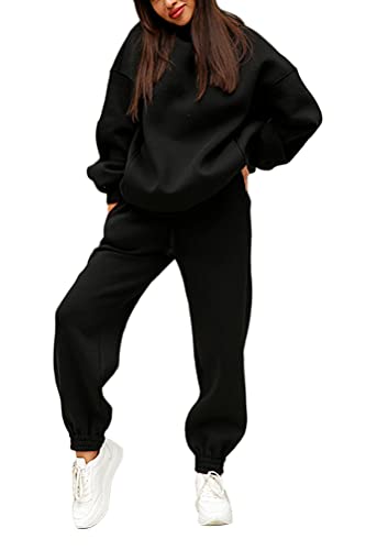 ticticlily Sportanzug Damen Set Einfarbig Jogginganzug Trainingsanzug Sportbekleidung Pullover Langarm und Jogging Hosen 2 Teiliges Freizeitbekleidung Activewear B Schwarz XL von ticticlily