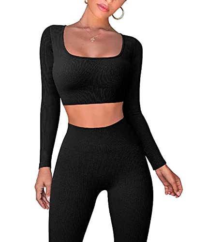 ticticlily Sportbekleidung Damen Sportanzüge Trainingsanzug 2 Teiliges Set Freizeitanzug Sport Langarm Tops und Leggings Sporthosen Casual Nahtlos Stretch Outfit C Schwarz S von ticticlily