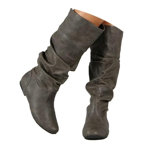 ticticlily Stiefel Damen Bequeme Wildleder Stiefel Elegant Absatz Westernstiefel Runde Zehen Hohe Stiefel Einfarbige Flach Langschaft Boots Damenstiefel A Grau 43 EU von ticticlily