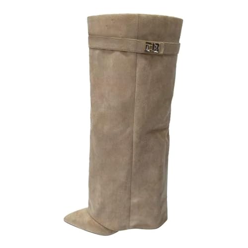 ticticlily Stiefel Damen Fold Over Boots Spitzer Zehenbereich Plateauabsatz Langschaft Knee High Boots Winter Warme Stiefeletten A Aprikose 38 EU von ticticlily