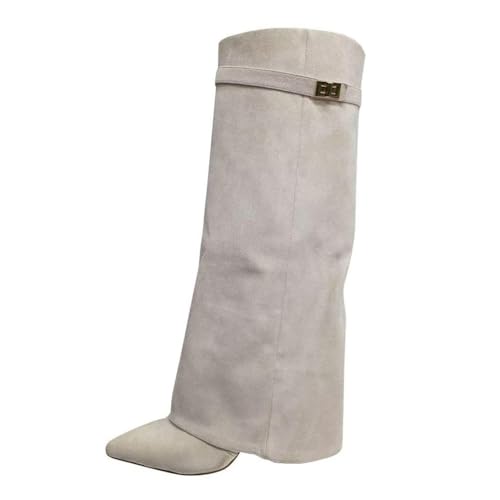 ticticlily Stiefel Damen Fold Over Boots Spitzer Zehenbereich Plateauabsatz Langschaft Knee High Boots Winter Warme Stiefeletten A Beige 38 EU von ticticlily