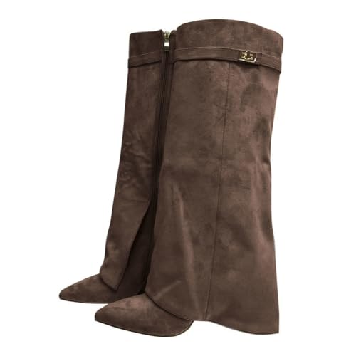 ticticlily Stiefel Damen Fold Over Boots Spitzer Zehenbereich Plateauabsatz Langschaft Knee High Boots Winter Warme Stiefeletten A Braun 40 EU von ticticlily