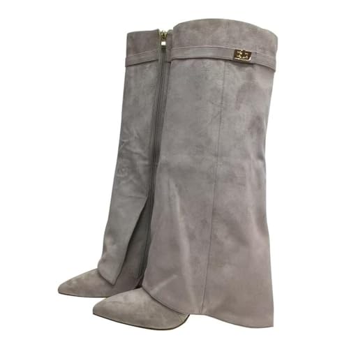 ticticlily Stiefel Damen Fold Over Boots Spitzer Zehenbereich Plateauabsatz Langschaft Knee High Boots Winter Warme Stiefeletten A Grau 42 EU von ticticlily