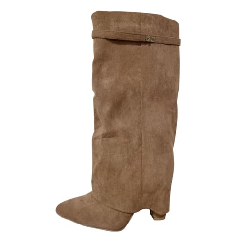 ticticlily Stiefel Damen Fold Over Boots Spitzer Zehenbereich Plateauabsatz Langschaft Knee High Boots Winter Warme Stiefeletten A Hellbraun 40 EU von ticticlily