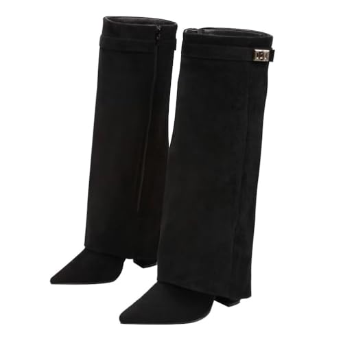 ticticlily Stiefel Damen Fold Over Boots Spitzer Zehenbereich Plateauabsatz Langschaft Knee High Boots Winter Warme Stiefeletten A Schwarz 42 EU von ticticlily