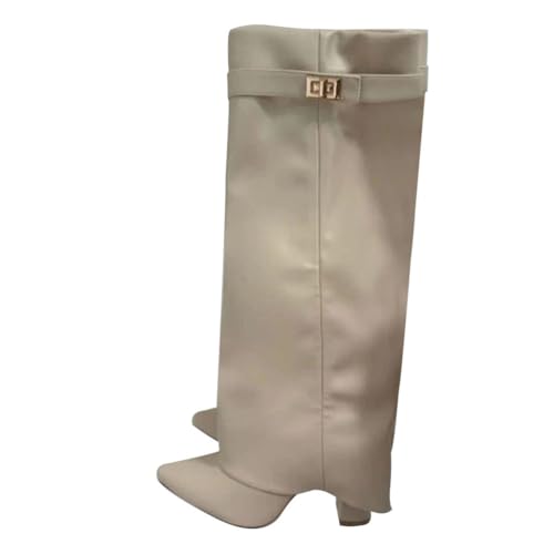 ticticlily Stiefel Damen Fold Over Boots Spitzer Zehenbereich Plateauabsatz Langschaft Knee High Boots Winter Warme Stiefeletten B Beige 41 EU von ticticlily