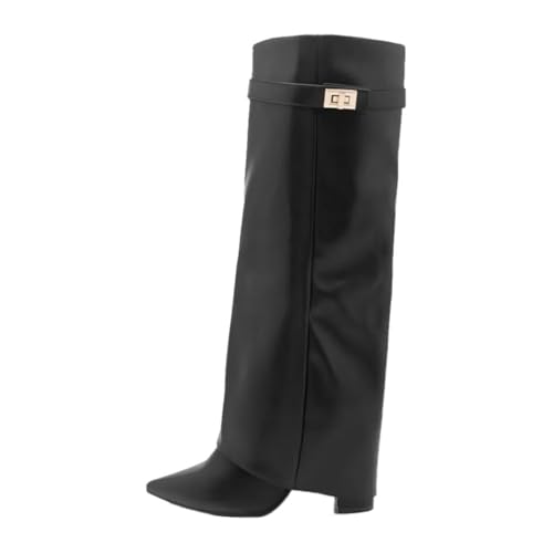 ticticlily Stiefel Damen Fold Over Boots Spitzer Zehenbereich Plateauabsatz Langschaft Knee High Boots Winter Warme Stiefeletten B Schwarz 43 EU von ticticlily