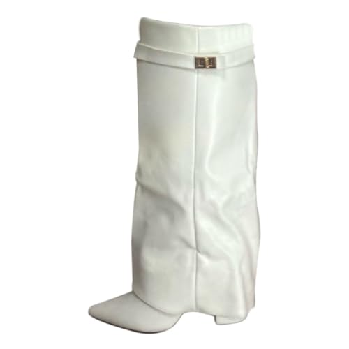 ticticlily Stiefel Damen Fold Over Boots Spitzer Zehenbereich Plateauabsatz Langschaft Knee High Boots Winter Warme Stiefeletten B Weiß 41 EU von ticticlily