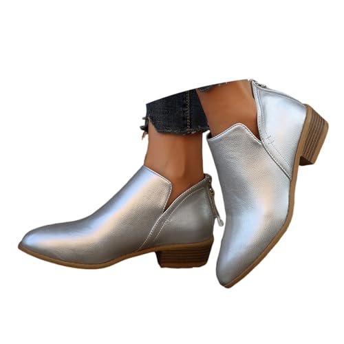 ticticlily Stiefel Damen Mit Niedrigem Absatz Spitze Und Reißverschluss D Silber 38 EU von ticticlily