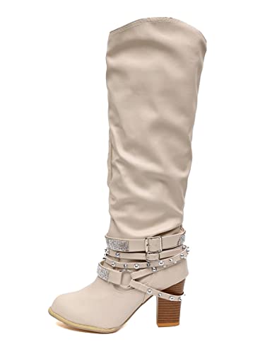 ticticlily Stiefel Damen Mode Herbst Winter Slip On Langschaftstiefel Runder Zehenpartie Schuhe High Heels Hohe Stiefel Mit Strasssteinen Stiefel Beige 40 EU ticticlily Stiefel Damen Mode Herbst Winter Slip On Langschaftstiefel Runder Zehenpartie Schuhe High Heels Hohe Stiefel Mit Strasssteinen Stiefel Beige 40 EU von ticticlily