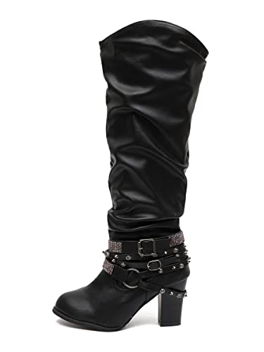ticticlily Stiefel Damen Mode Herbst Winter Slip On Langschaftstiefel Runder Zehenpartie Schuhe High Heels Hohe Stiefel Mit Strasssteinen Stiefel Schwarz 40 EU von ticticlily