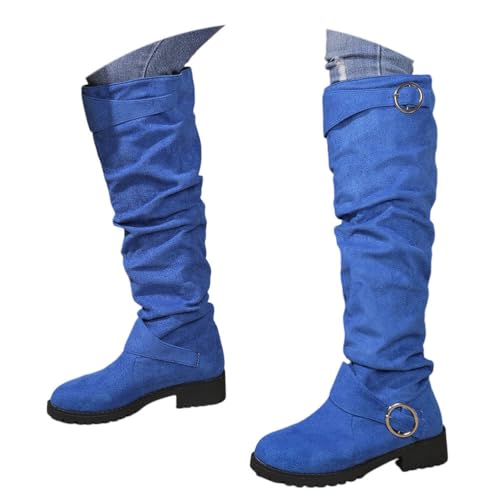 ticticlily Stiefel Damen Winter Schuhe Langschaft Boots Hohe Stiefeletten Reitstiefel mit Blockabsatz A Blau 35 EU von ticticlily