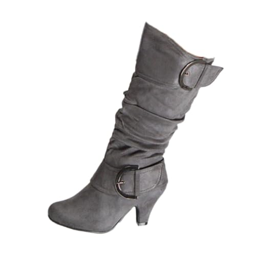 ticticlily Stiefel Damen mit Absatz Klassische Stiefel Gefüttert mit Trichterabsatz Schnallen Hellgrau 40 von ticticlily