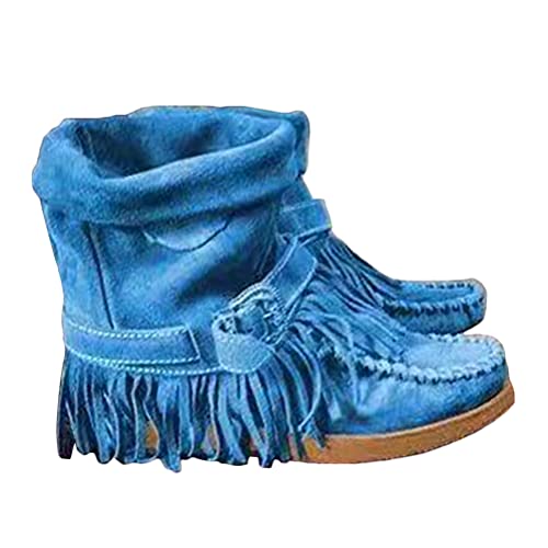 ticticlily Stiefel Frauen Square Toe Quaste Schuhe mit niedrigen Absätzen Western Knöchel Mode Casual Square Toe Retro Fransen Short Ankle Flat Schuhe A Blau 40 EU von ticticlily