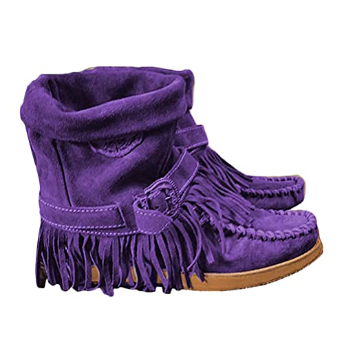 ticticlily Stiefel Frauen Square Toe Quaste Schuhe mit niedrigen Absätzen Western Knöchel Mode Casual Square Toe Retro Fransen Short Ankle Flat Schuhe A Violett 40 EU von ticticlily