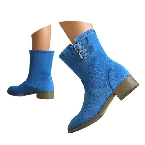 ticticlily Stiefeletten Damen Elegant Wildleder Halbstiefel Mit Schnalle Halbhoch Stiefel Winter Boots Mit Niedriger Absatz A Blau 43 EU von ticticlily