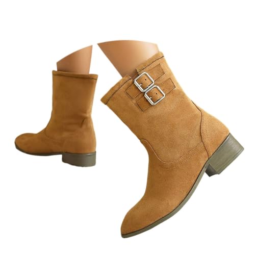 ticticlily Stiefeletten Damen Elegant Wildleder Halbstiefel Mit Schnalle Halbhoch Stiefel Winter Boots Mit Niedriger Absatz A Braun 43 EU von ticticlily