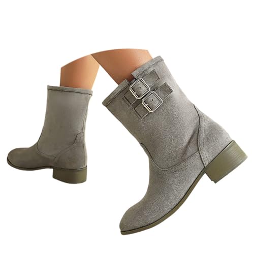 ticticlily Stiefeletten Damen Elegant Wildleder Halbstiefel Mit Schnalle Halbhoch Stiefel Winter Boots Mit Niedriger Absatz A Grau 42 EU von ticticlily