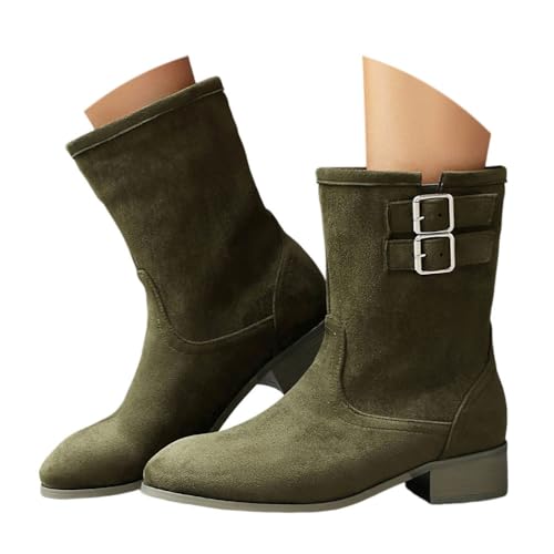 ticticlily Stiefeletten Damen Elegant Wildleder Halbstiefel Mit Schnalle Halbhoch Stiefel Winter Boots Mit Niedriger Absatz A Grün 36 EU von ticticlily