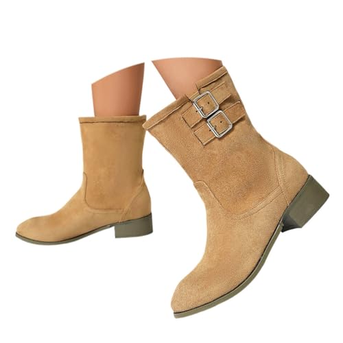 ticticlily Stiefeletten Damen Elegant Wildleder Halbstiefel Mit Schnalle Halbhoch Stiefel Winter Boots Mit Niedriger Absatz A Hellbraun 43 EU von ticticlily