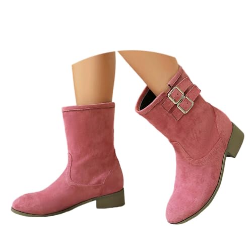 ticticlily Stiefeletten Damen Elegant Wildleder Halbstiefel Mit Schnalle Halbhoch Stiefel Winter Boots Mit Niedriger Absatz A Rosa 43 EU von ticticlily