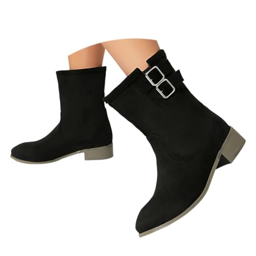 ticticlily Stiefeletten Damen Elegant Wildleder Halbstiefel Mit Schnalle Halbhoch Stiefel Winter Boots Mit Niedriger Absatz A Schwarz 41 EU von ticticlily