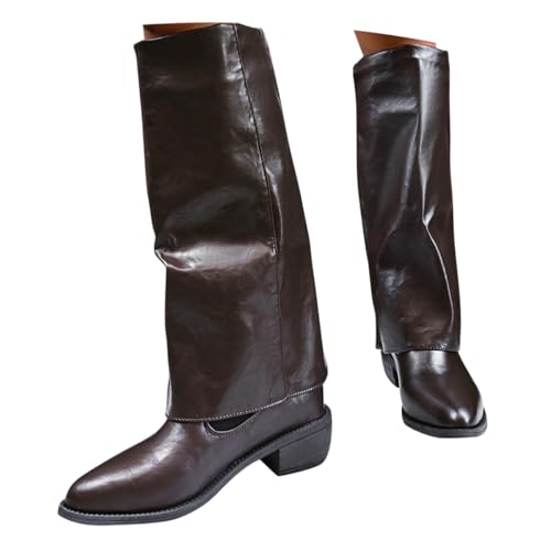 ticticlily Stiefeletten Damen Fold Over Boots Spitzer Zehenpartie Weitschaftstiefel Winter Cowboystiefel mit Absatz A1 Braun 36 EU von ticticlily