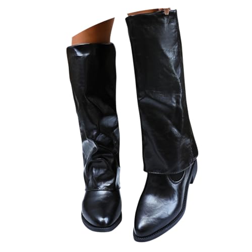 ticticlily Stiefeletten Damen Fold Over Boots Spitzer Zehenpartie Weitschaftstiefel Winter Cowboystiefel mit Absatz A1 Schwarz 36 EU von ticticlily