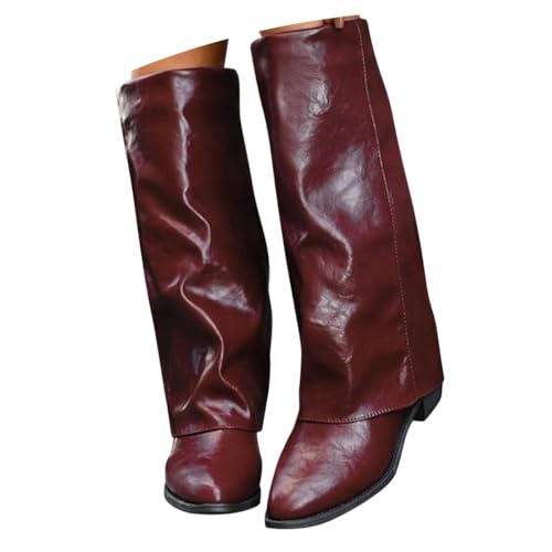 ticticlily Stiefeletten Damen Fold Over Boots Spitzer Zehenpartie Weitschaftstiefel Winter Cowboystiefel mit Absatz A1 Weinrot 37 EU von ticticlily